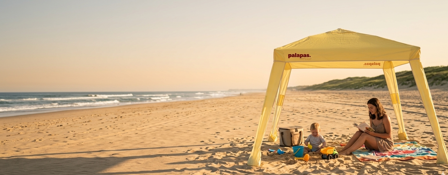 Tente de plage Palapas installée sur une plage de sable avec famille